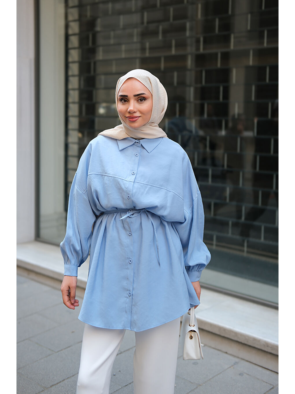 Kadın Bel Bağlamalı Gömlek Mavi-2