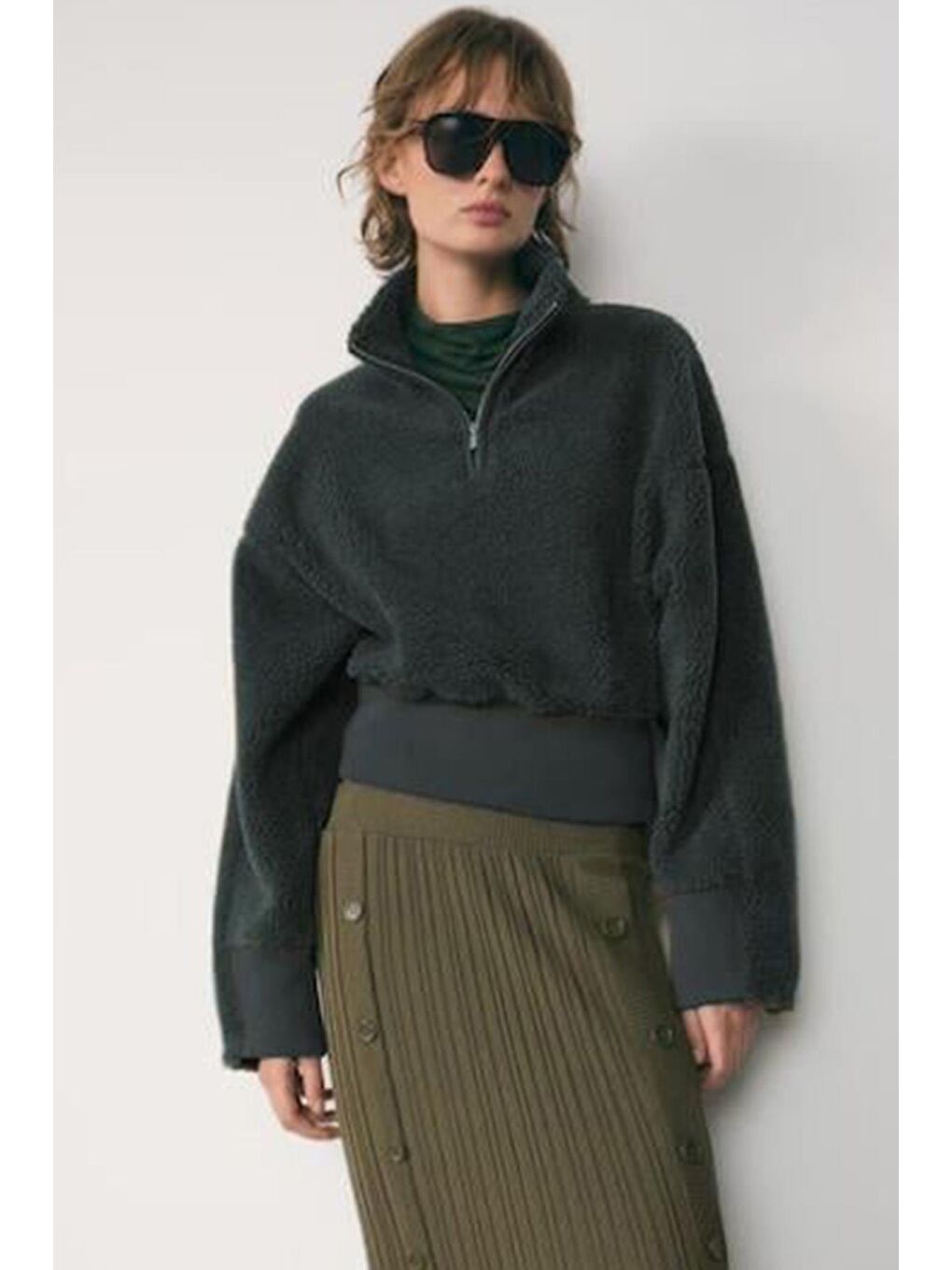 Gri Füme Fermuar Yaka Kürklü Kadın Sweatshirt Mg2261-1