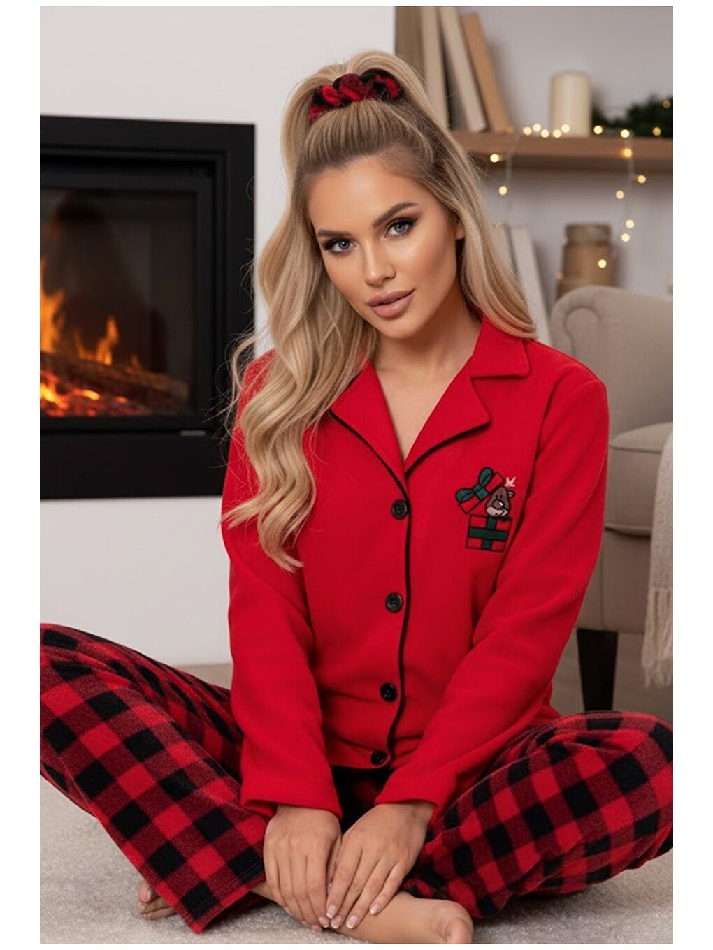 Kırmızı Geyik Nakışlı Ekoseli Polar Kışlık Örme Pijama Takım