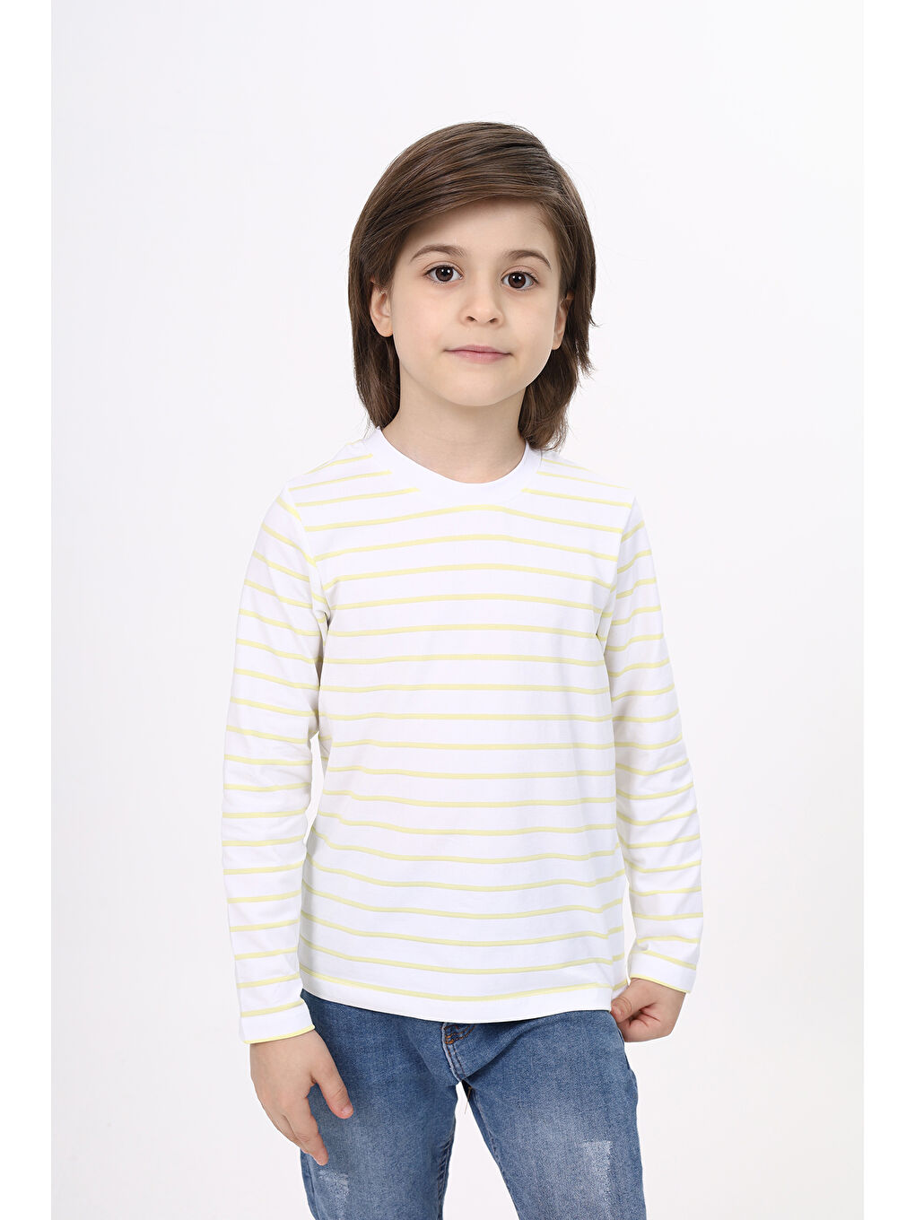 Sarı Unisex Çocuk Çizgili Tişört-5