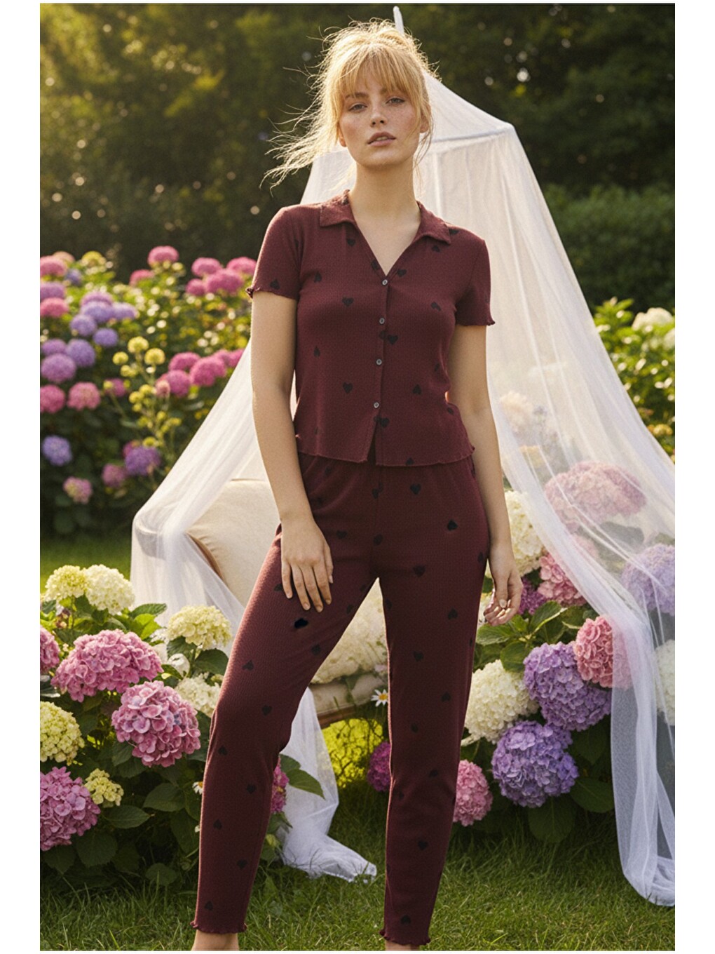 Bordo Yakalı Düğmeli Fitilli Kaşkorse Örme Pijama Takım 26120501-1