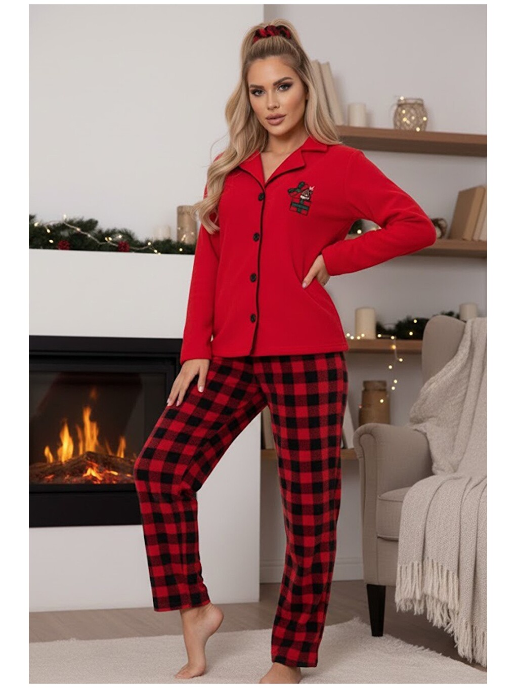 Kırmızı Geyik Nakışlı Ekoseli Polar Kışlık Örme Pijama Takım-1