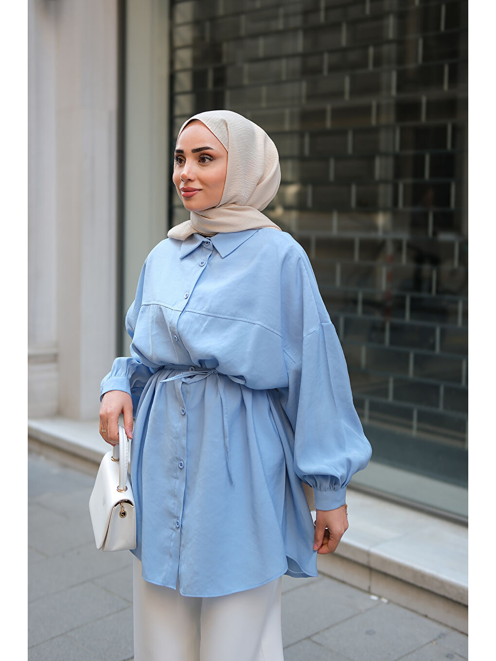 Kadın Bel Bağlamalı Gömlek Mavi-3