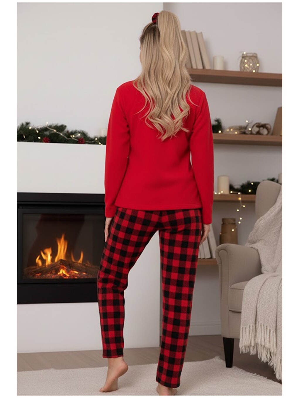Kırmızı Geyik Nakışlı Ekoseli Polar Kışlık Örme Pijama Takım-2