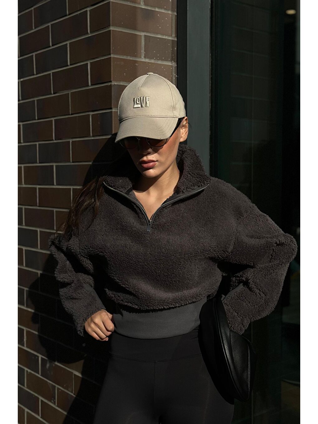 Gri Füme Fermuar Yaka Kürklü Kadın Sweatshirt Mg2261-4