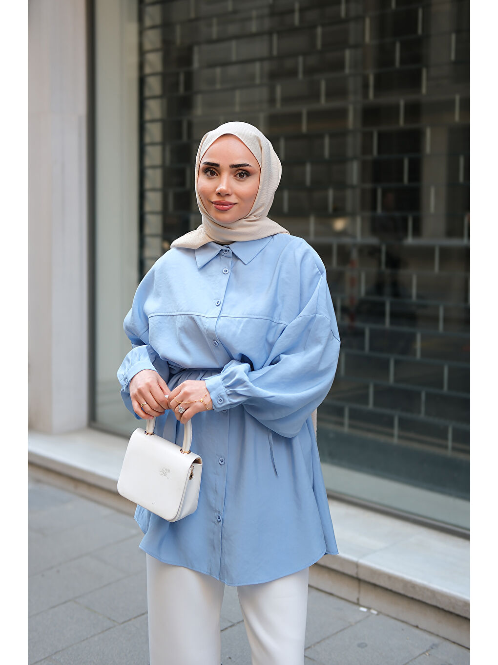 Kadın Bel Bağlamalı Gömlek Mavi-4