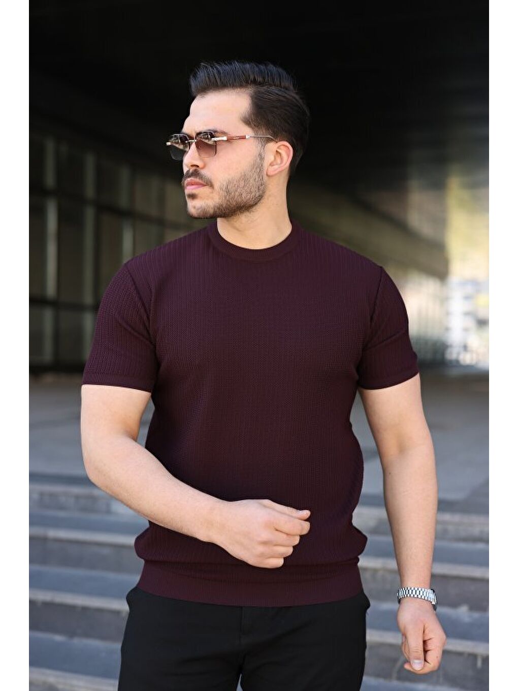 Mürdüm Erkek Bisiklet Yaka Petek Dokulu Kısa Kollu Triko Tişört