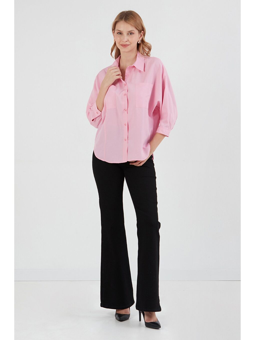 Pembe Çift Cepli Yarasa Kol Terikoton Gömlek-1
