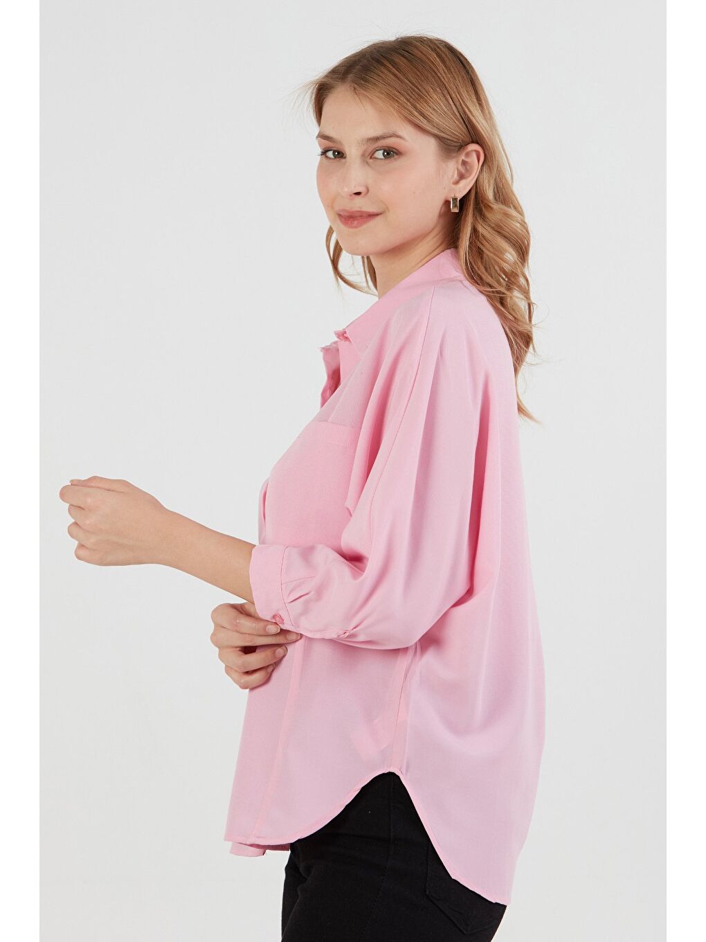 Pembe Çift Cepli Yarasa Kol Terikoton Gömlek-2