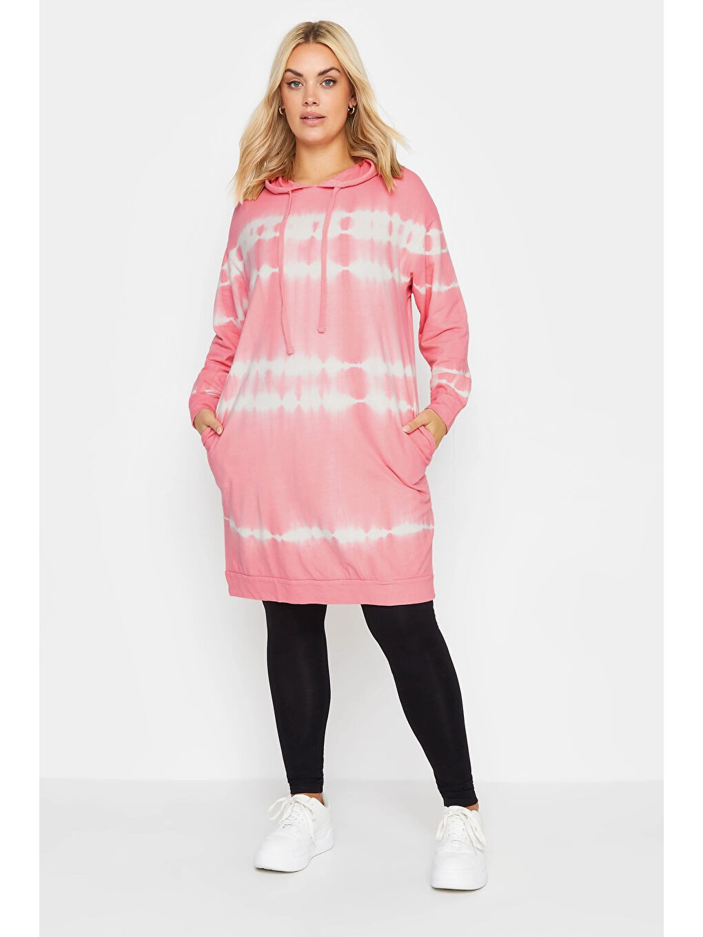 Pembe Büyük Beden Batik Desenli Uzun Kesim Cepli Kapüşonlu Sweatshirt 302208
