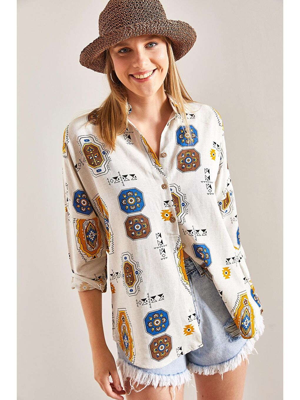 Kol Katlamalı Desenli Keten Gömlek - Sarı-5