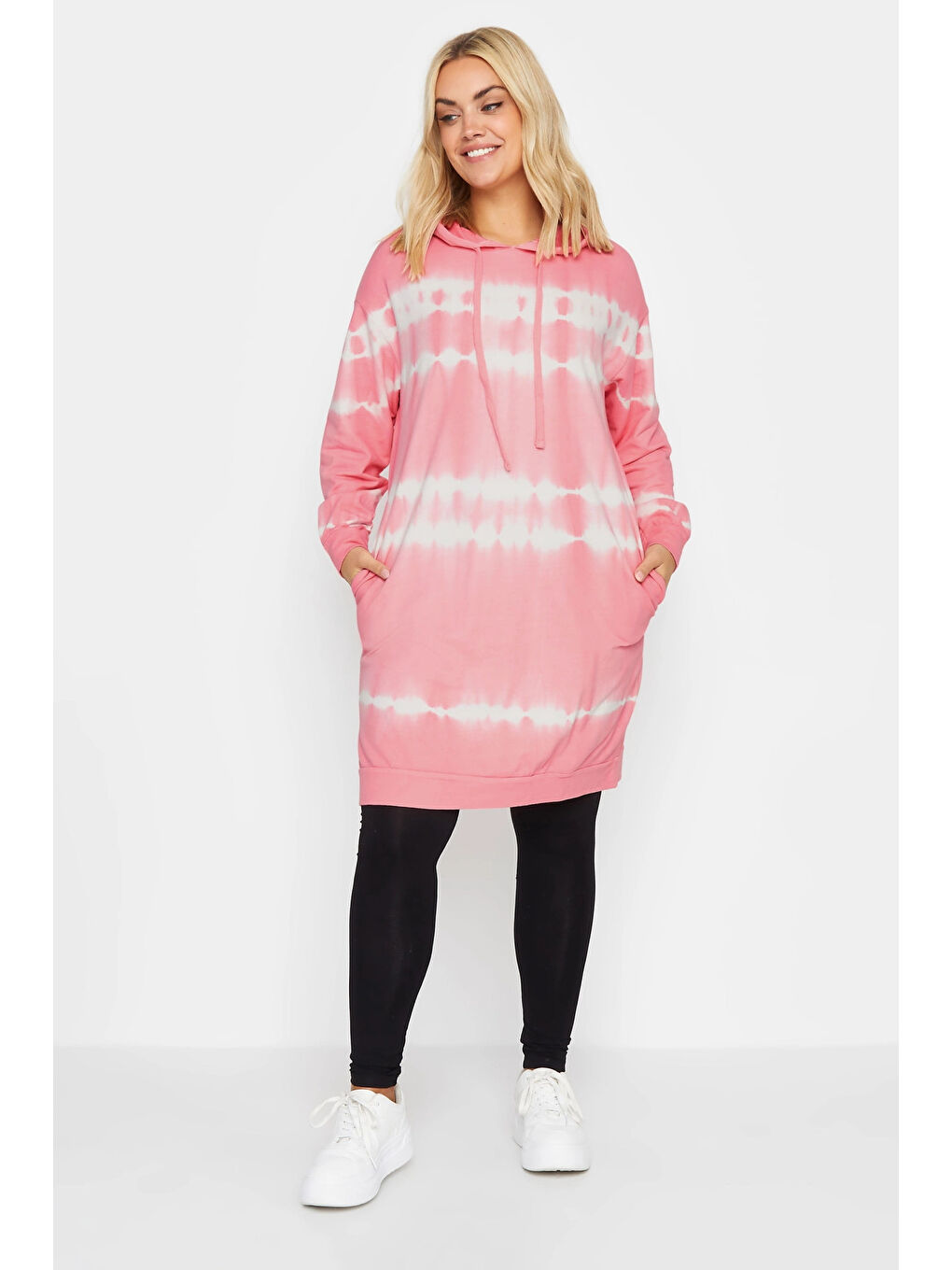 Pembe Büyük Beden Batik Desenli Uzun Kesim Cepli Kapüşonlu Sweatshirt 302208-1