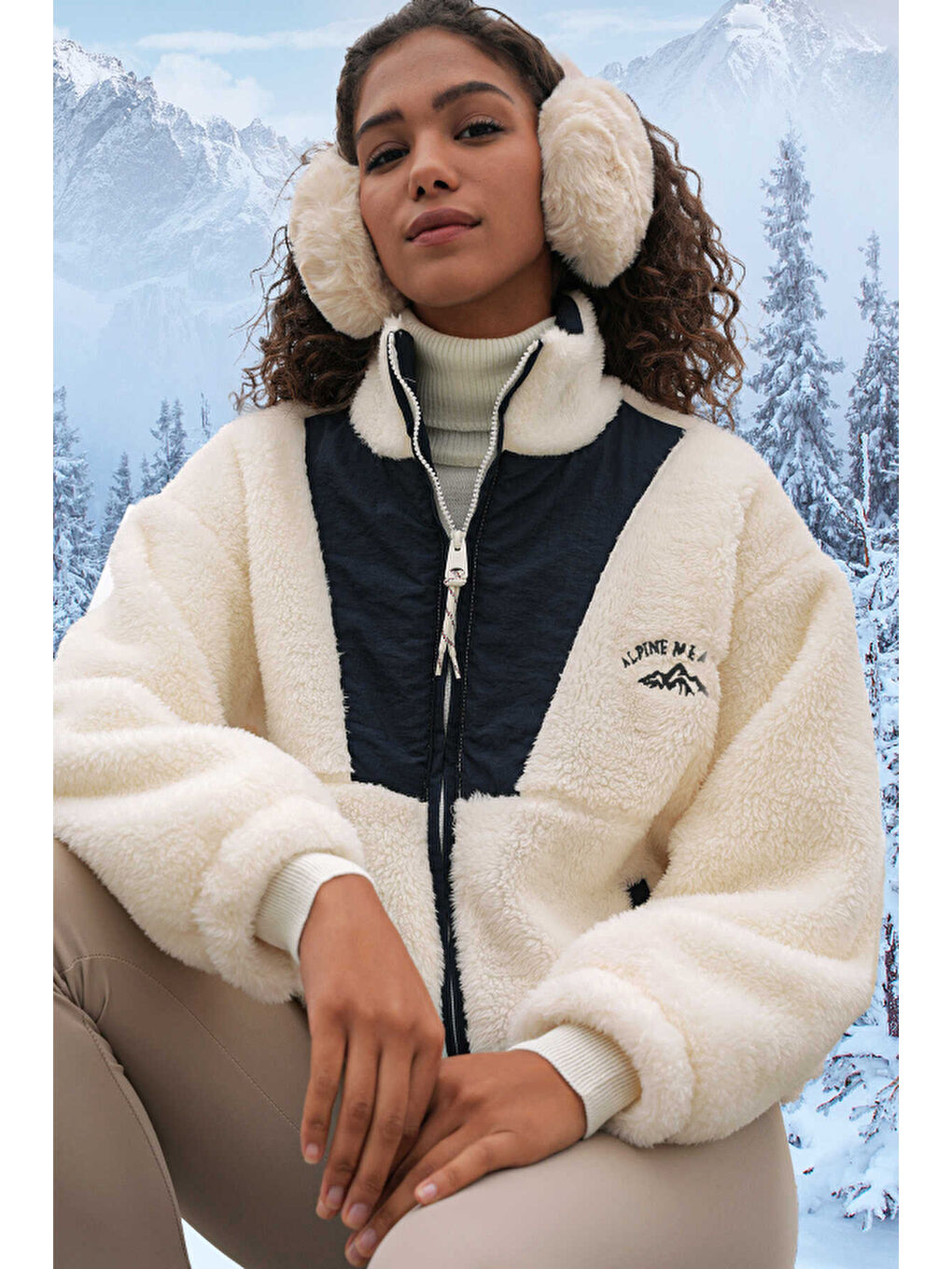 Lacivert Kadın Alpine Yazılı Pelüş Mont 5194