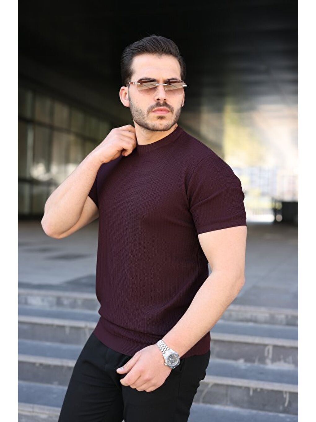 Mürdüm Erkek Bisiklet Yaka Petek Dokulu Kısa Kollu Triko Tişört-1