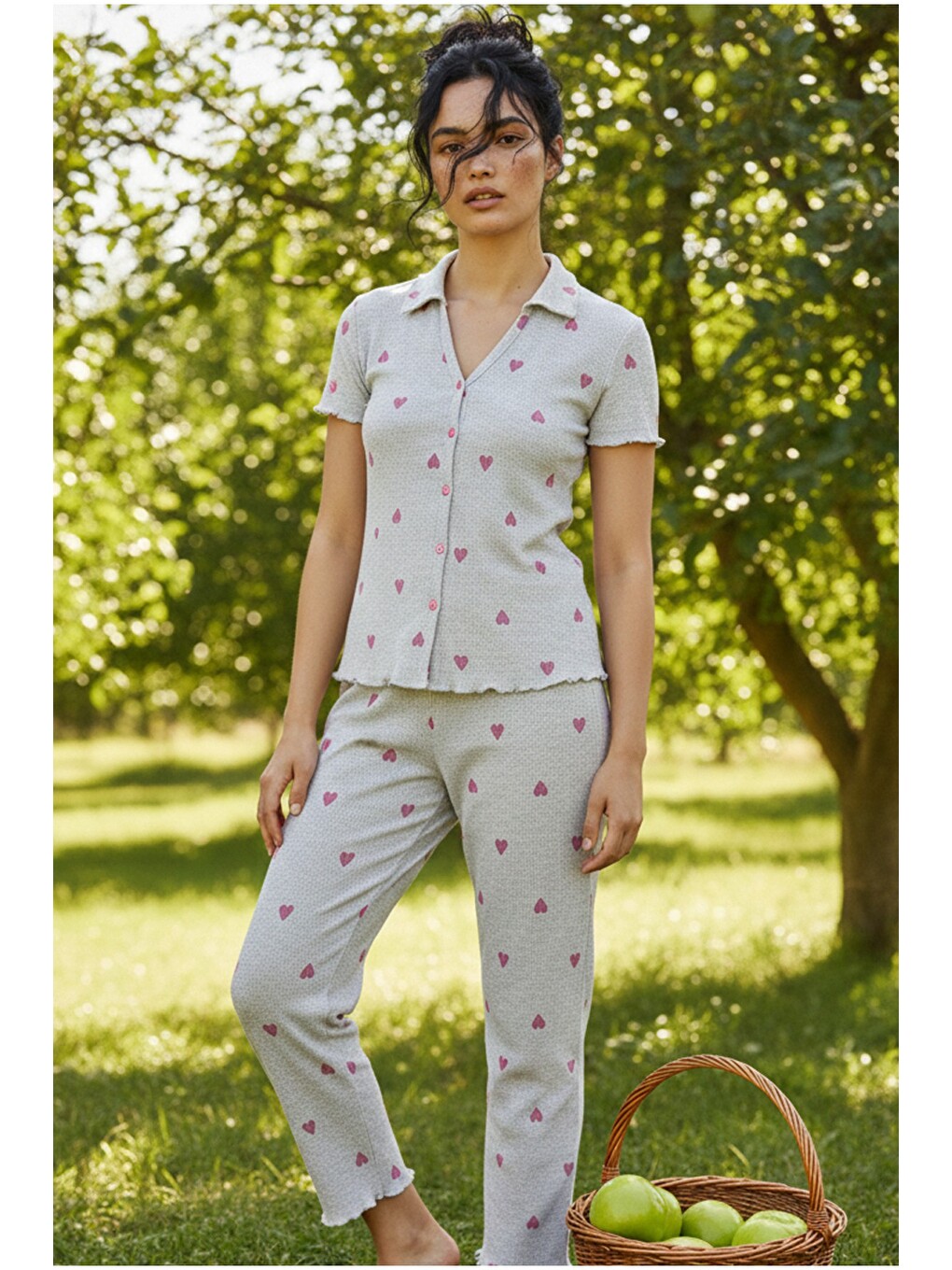 Gri Yakalı Düğmeli Fitilli Kaşkorse Örme Pijama Takım 26120501-1