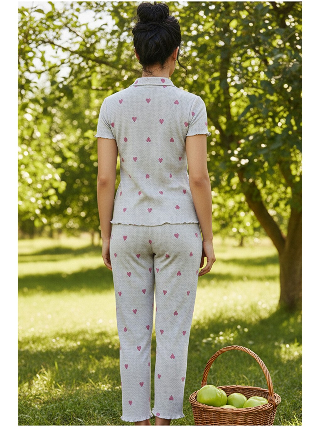 Gri Yakalı Düğmeli Fitilli Kaşkorse Örme Pijama Takım 26120501-2