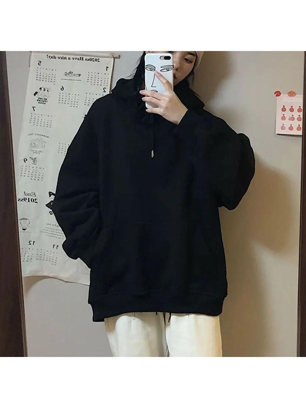 Touz Moda Beyaz Basic Düz Oversize Unisex Siyah Kapşonlu Hoodie Sweatshirt - 3