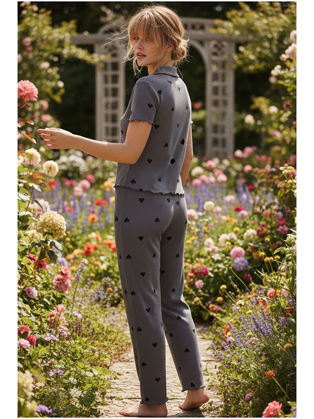 Antrasit Yakalı Düğmeli Fitilli Kaşkorse Örme Pijama Takım 26120501-2