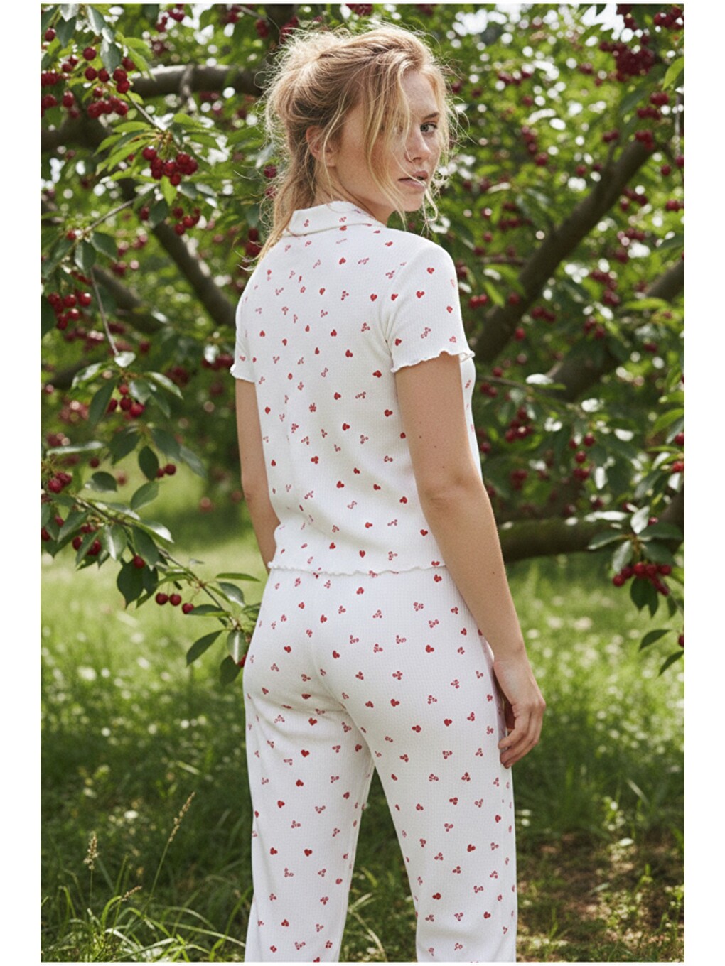 Karışık Yakalı Düğmeli Fitilli Kaşkorse Örme Pijama Takım 26120501-2