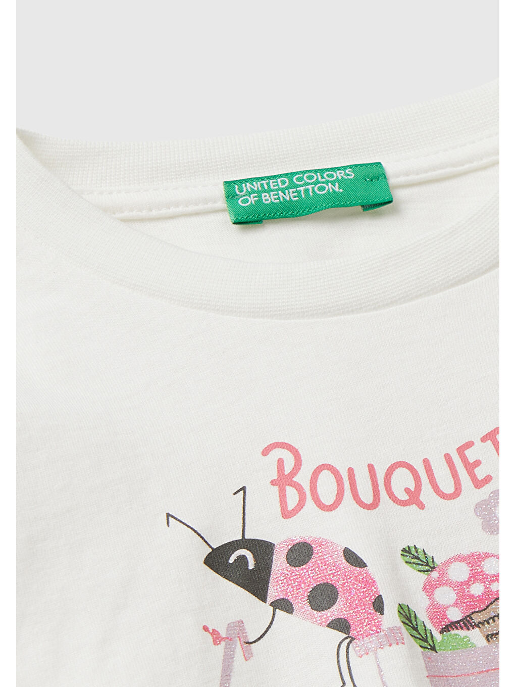 Kız Çocuk Ekru Önü Parıltılı Baskılı Bisiklet Yaka Uzun Kollu T-shirt-2