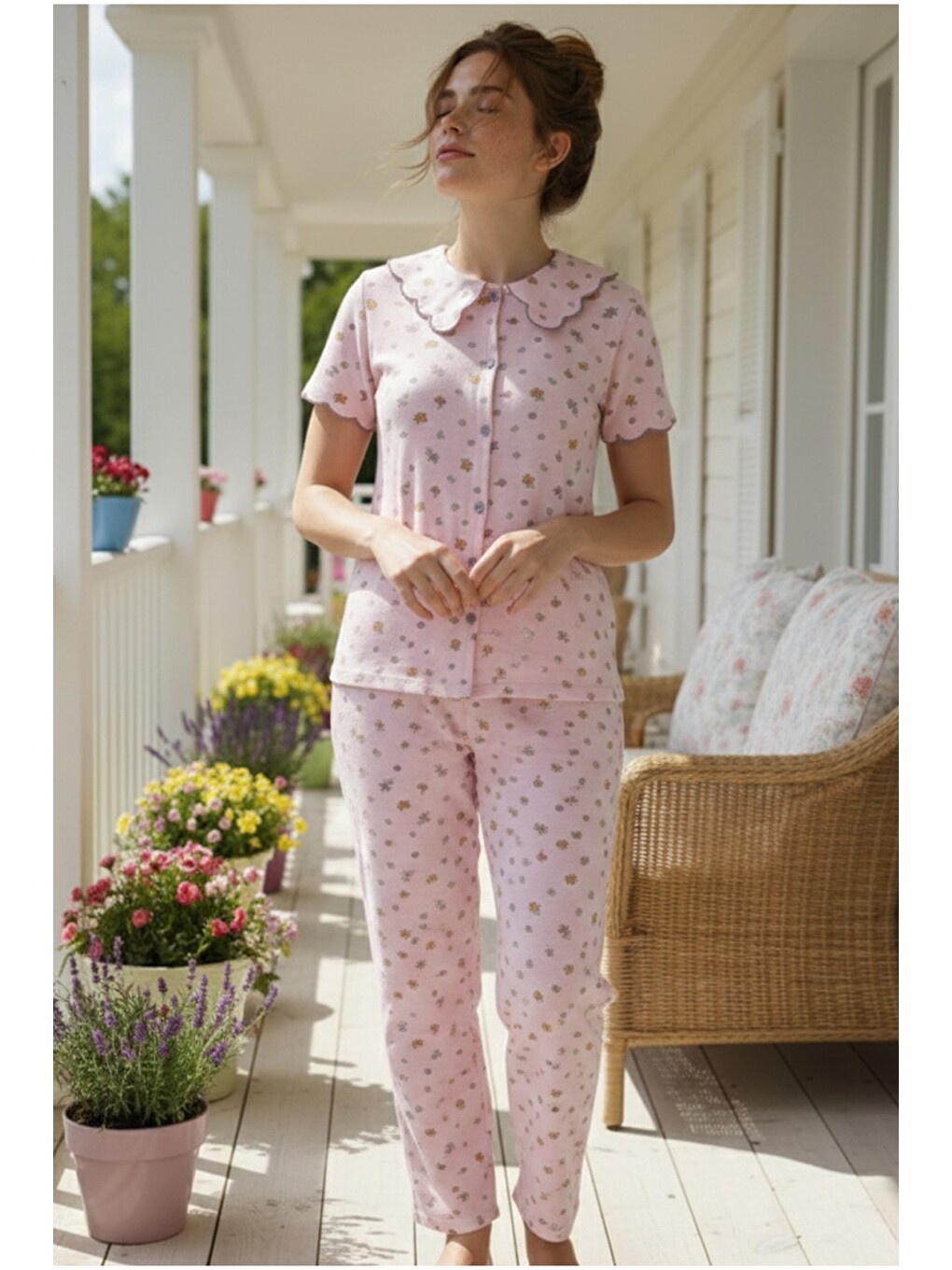Karışık Yakalı Düğmeli Fitilli Kaşkorse Örme Pijama Takım 26120503-1