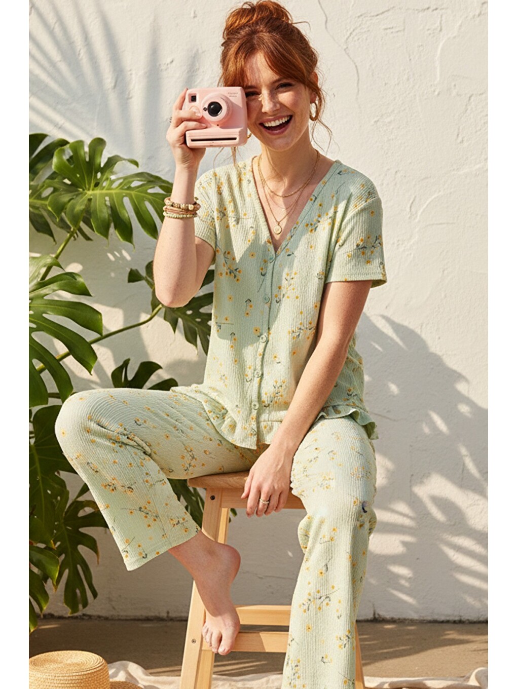 Yeşil Bürümcük-krınkıl Kısa Kollu Düğmeli Örme Pijama Takım 26120526