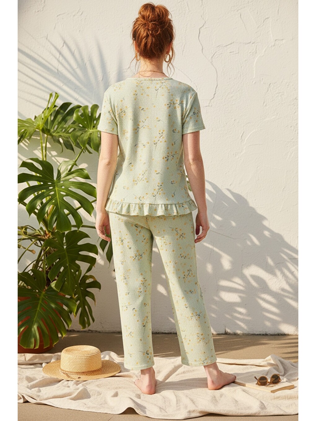 Yeşil Bürümcük-krınkıl Kısa Kollu Düğmeli Örme Pijama Takım 26120526-2