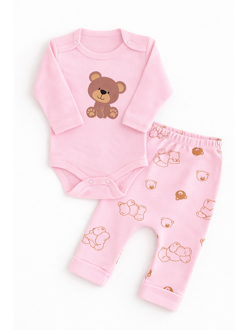 Pembe Kız Bebek 2li Takım Alt-Üst Fitilli Ayıcık Desenli Çıtçıtlı Pamuklu