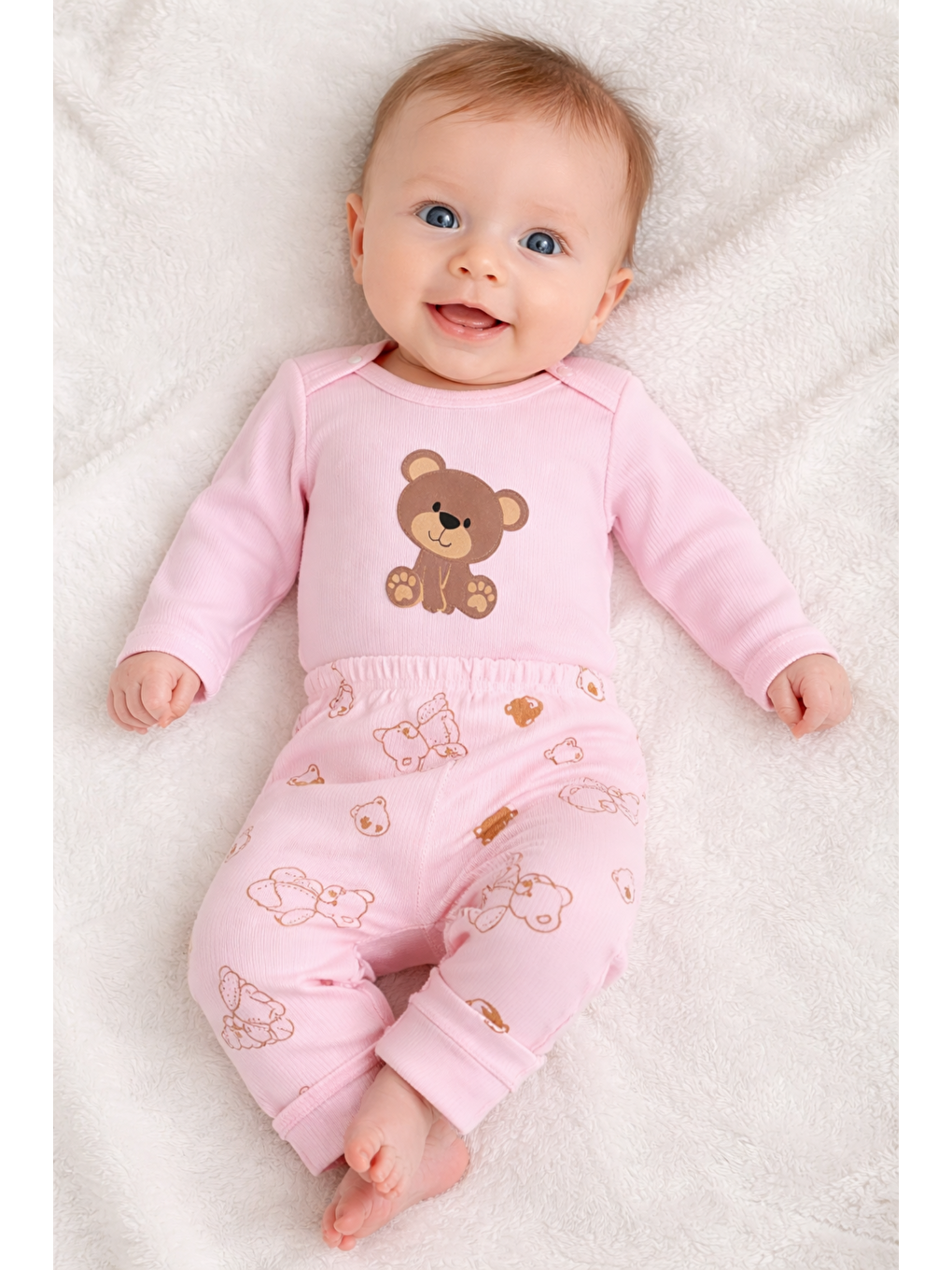 Pembe Kız Bebek 2li Takım Alt-Üst Fitilli Ayıcık Desenli Çıtçıtlı Pamuklu-1