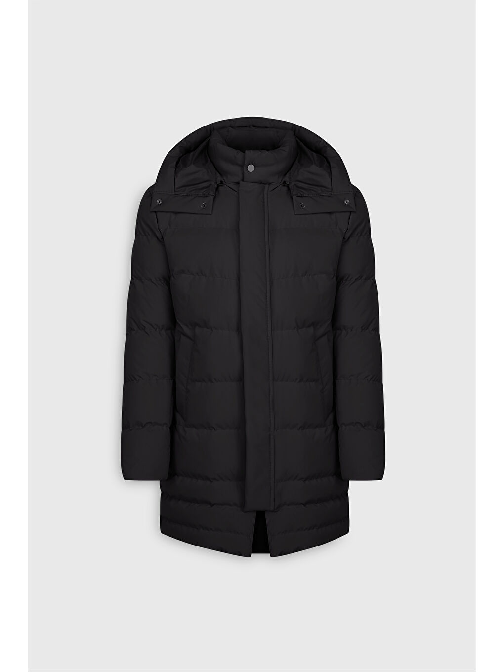 Erkek Siyah Standart Fit Normal Kesim Çıkma Kapüşon Dik Yaka Yan Cepli Kaban-6