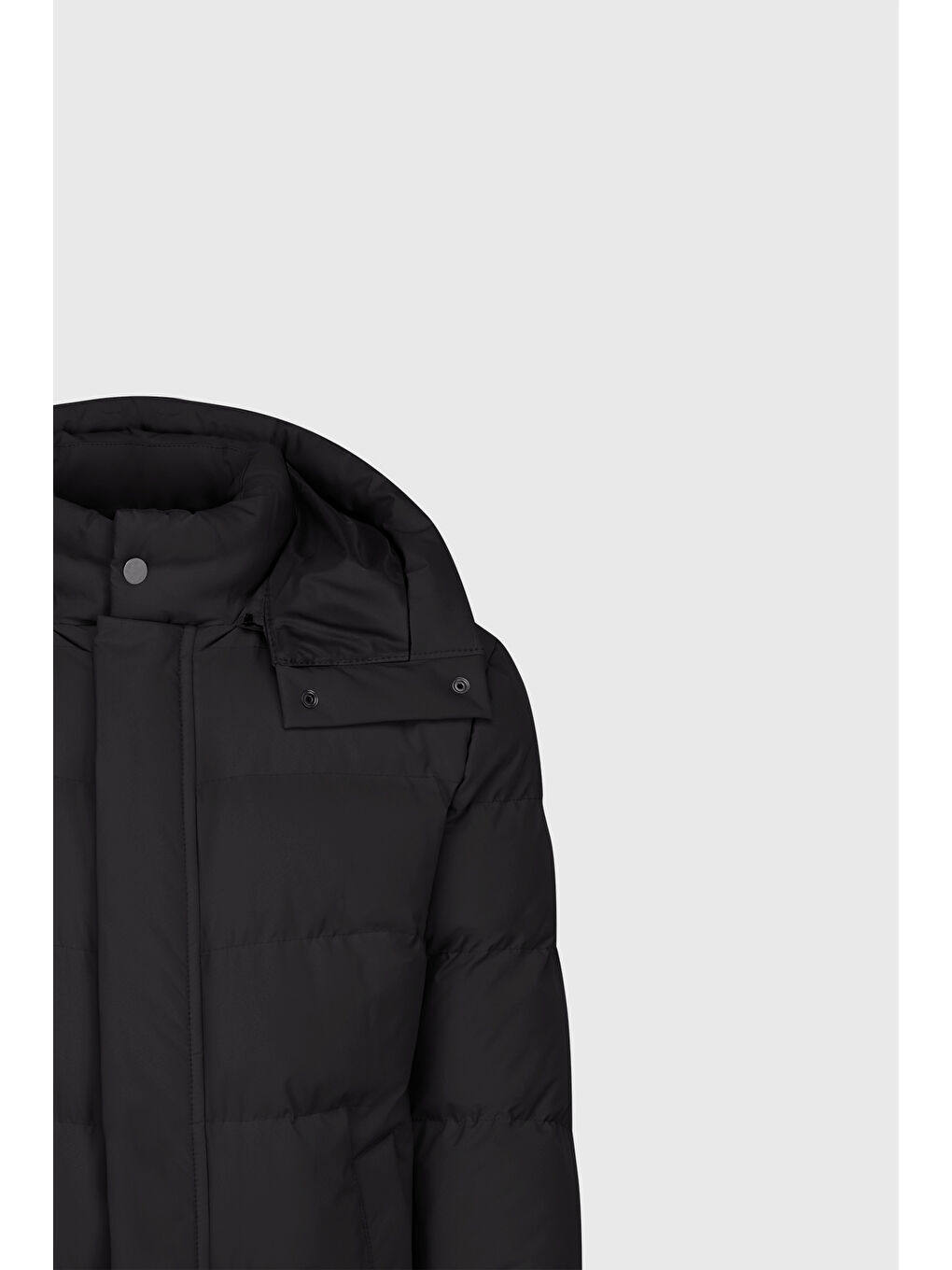 Erkek Siyah Standart Fit Normal Kesim Çıkma Kapüşon Dik Yaka Yan Cepli Kaban-7