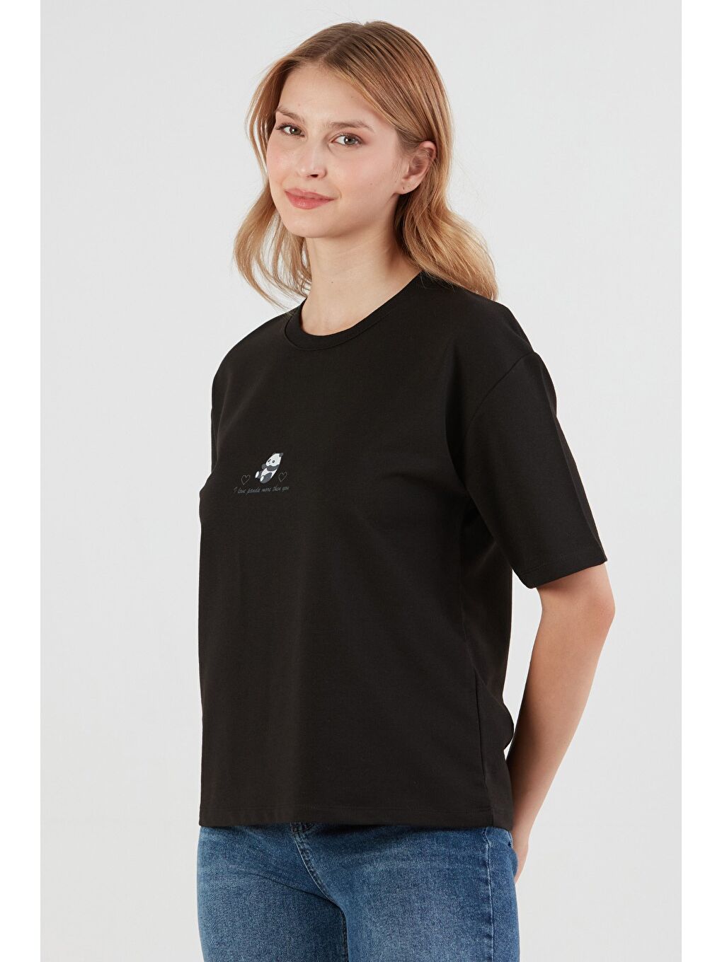 Siyah Panda Baskılı Oversize Tişört