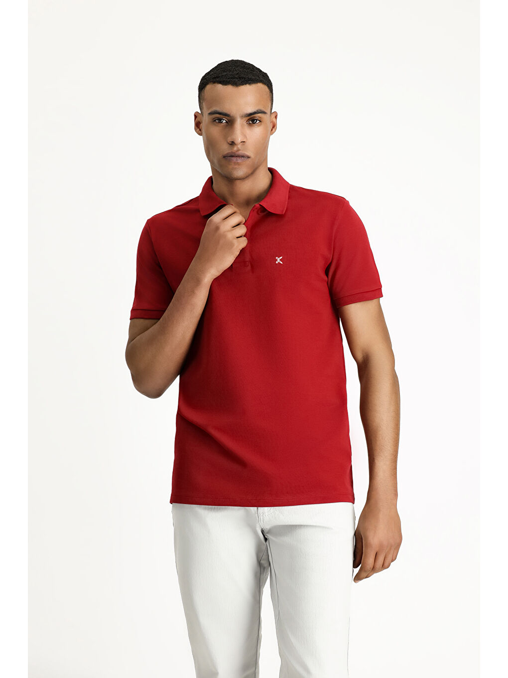 Kırmızı Polo Yaka Slim Fit Dar Kesim Nakışlı Pamuk %100 Pamuk Tişört-1