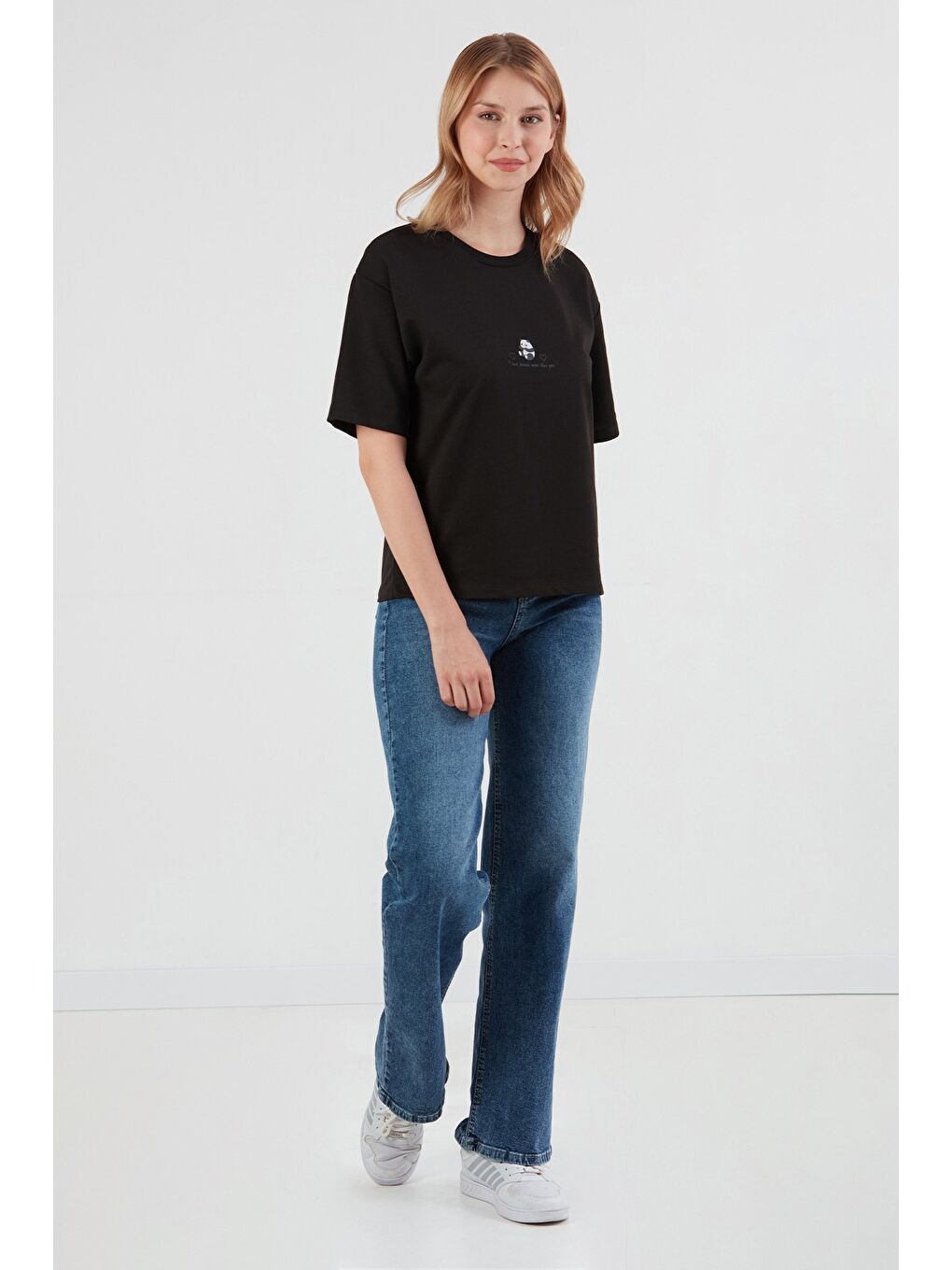 Siyah Panda Baskılı Oversize Tişört-3