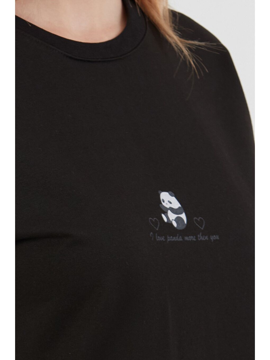 Siyah Panda Baskılı Oversize Tişört-4