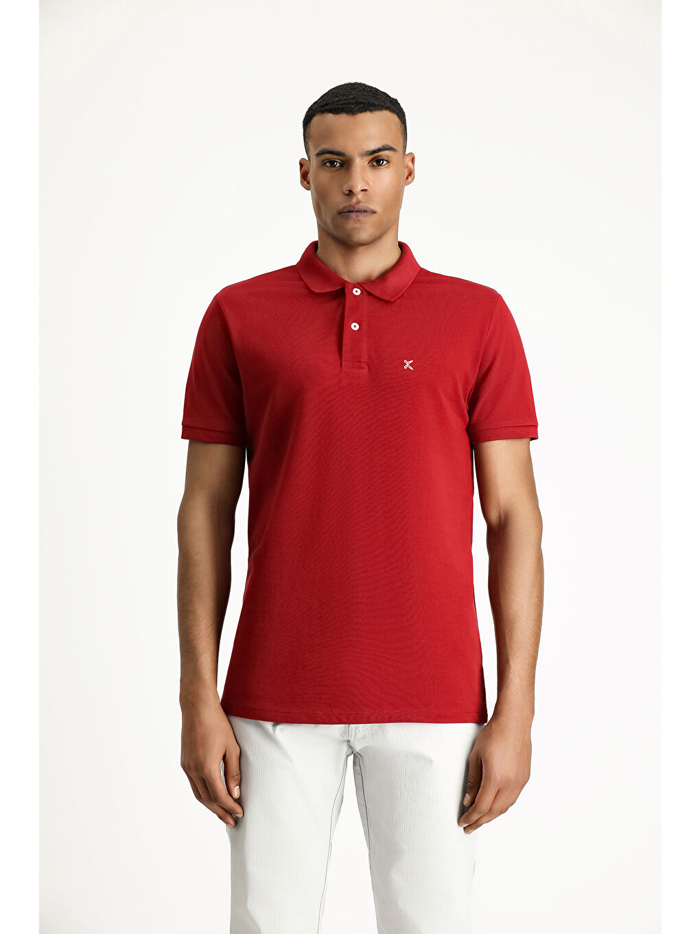 Kırmızı Polo Yaka Slim Fit Dar Kesim Nakışlı Pamuk %100 Pamuk Tişört-2