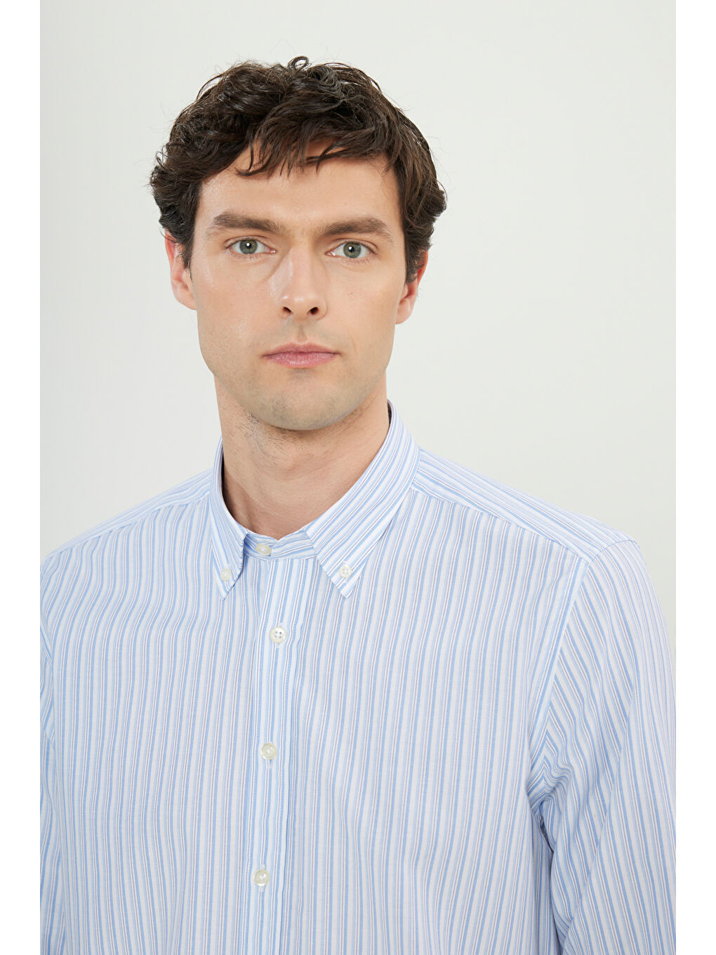 Erkek Beyaz-Mavi Slim Fit Dar Kesim Klasik Yaka Pamuklu Armürlü Gömlek-4