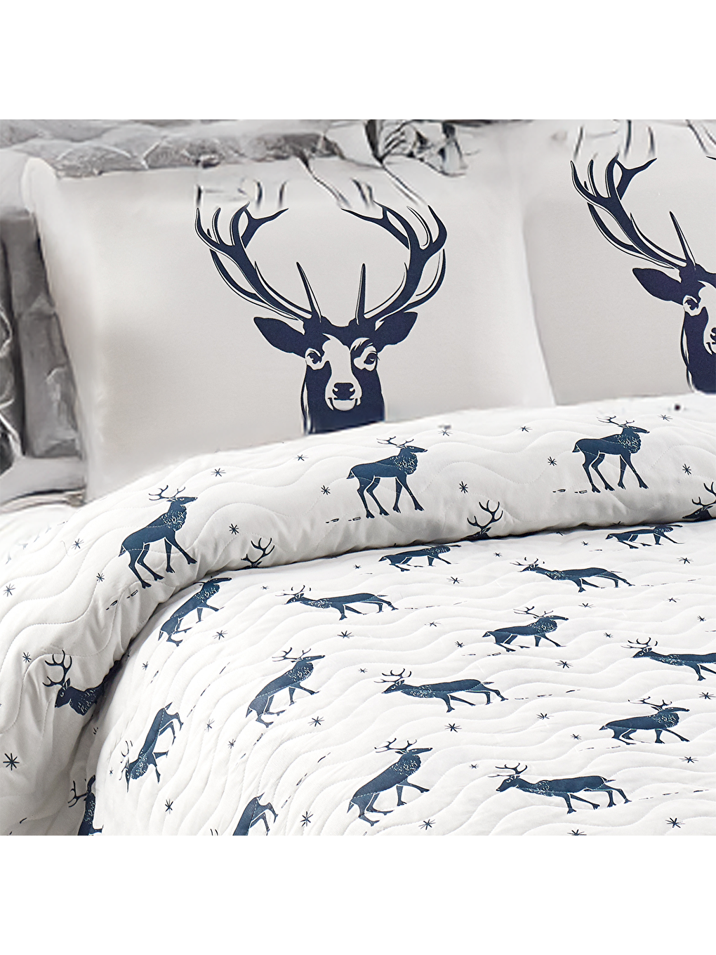 Kapitone Yatak Örtüsü Seti Çift Kişilik Geyik Lacivert-1