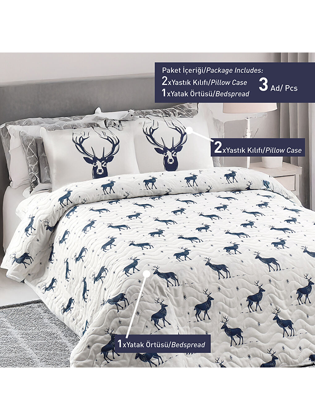 Kapitone Yatak Örtüsü Seti Çift Kişilik Geyik Lacivert-3