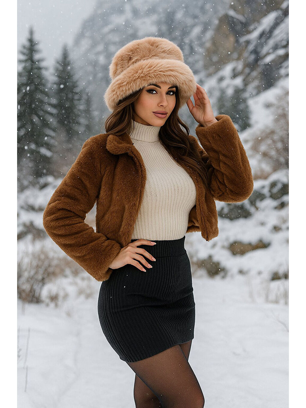 Sarı Kadın Pelüş Kalpak Şapka 010194 - Camel