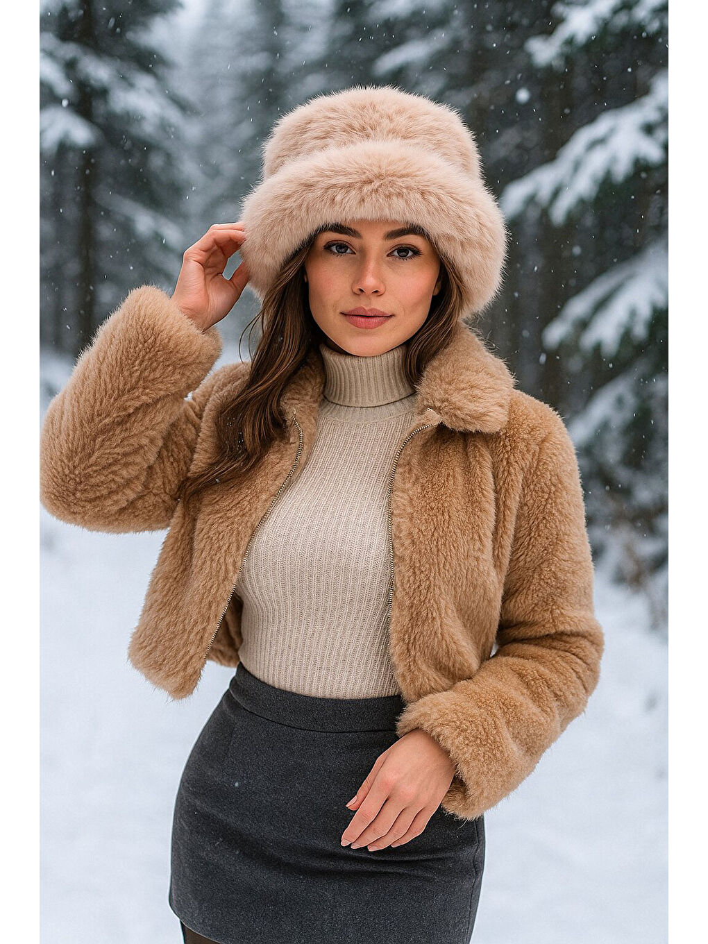 Sarı Kadın Pelüş Kalpak Şapka 010194 - Camel-2