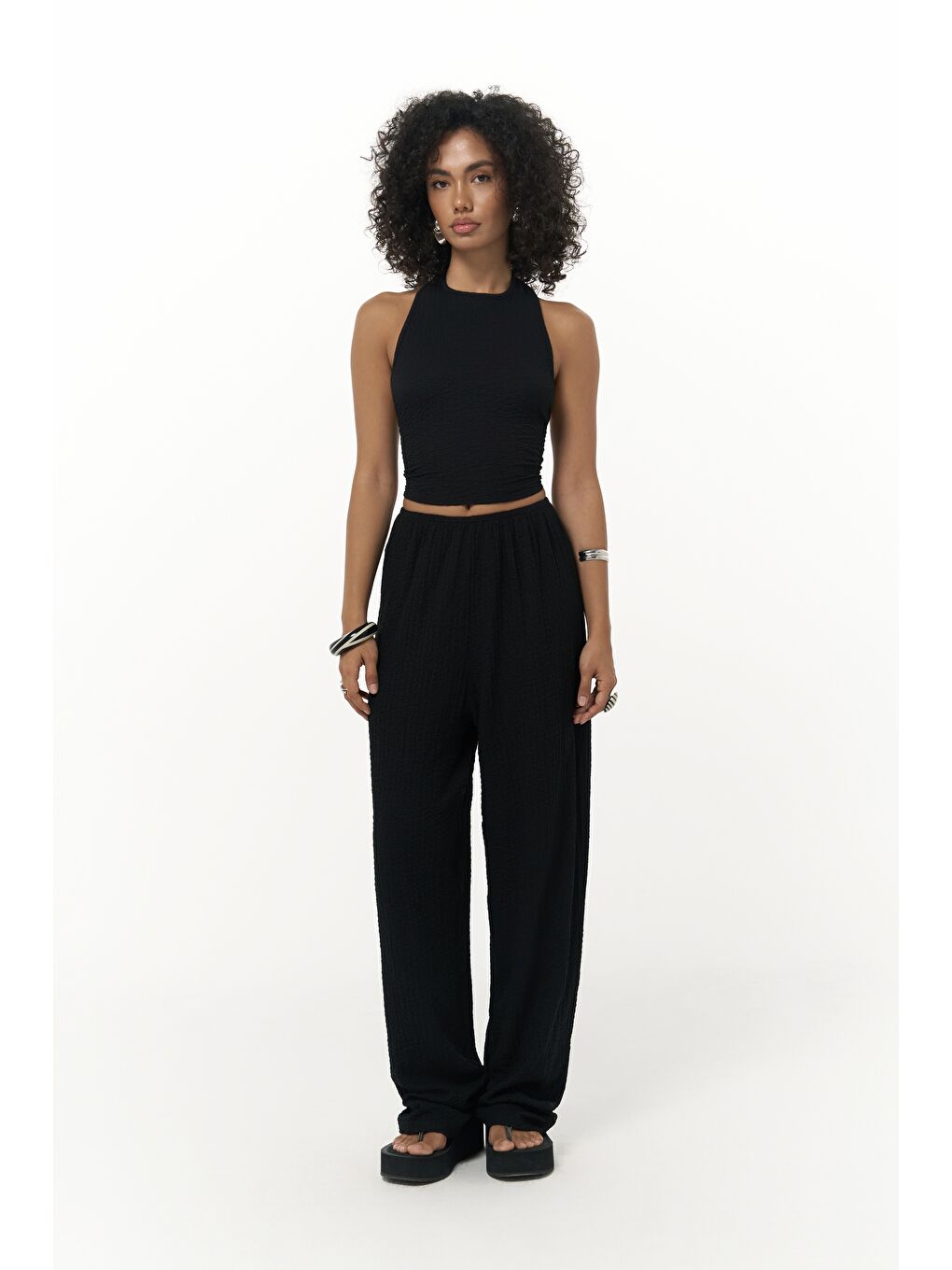 Ayshe Bağlamalı Siyah Crop Pantolon Takım-1