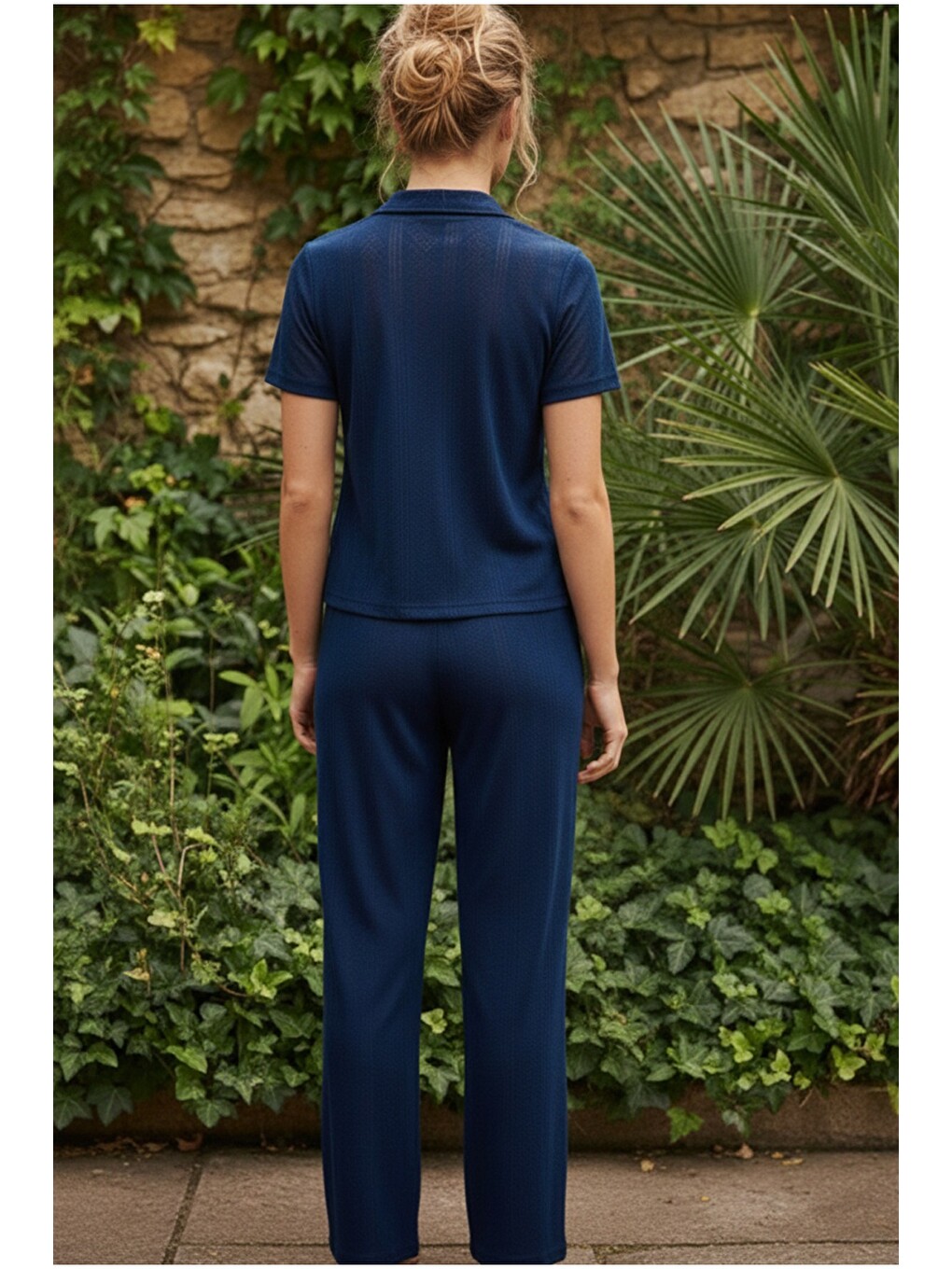 Lacivert Pointel Ajurlu/delikli Kısa Kollu Düğmeli Örme Pijama Takım26120536-2