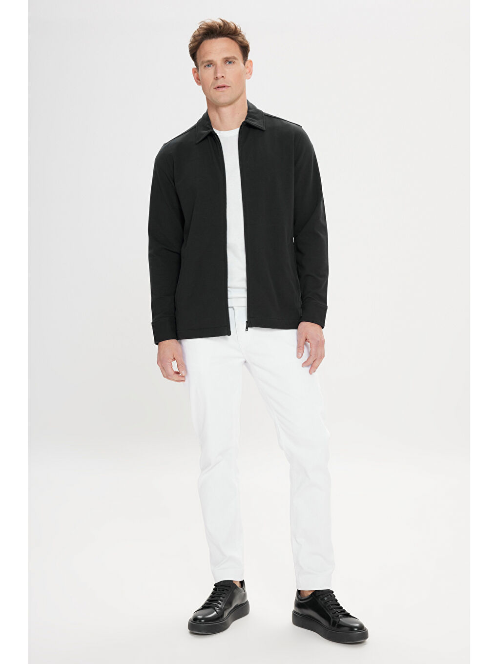 Erkek Siyah Standart Fit Normal Kesim Gömlek Yaka Pamuklu Esnek Mont-1