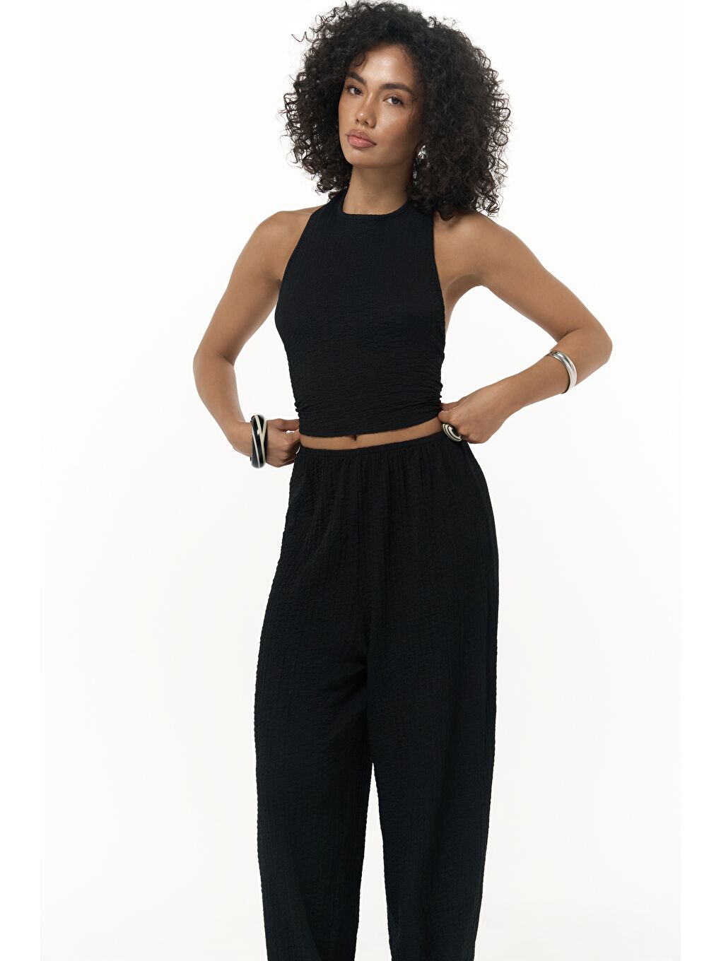 Ayshe Bağlamalı Siyah Crop Pantolon Takım-2