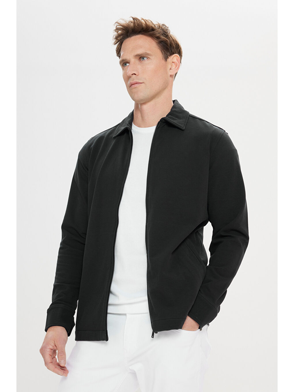 Erkek Siyah Standart Fit Normal Kesim Gömlek Yaka Pamuklu Esnek Mont-2