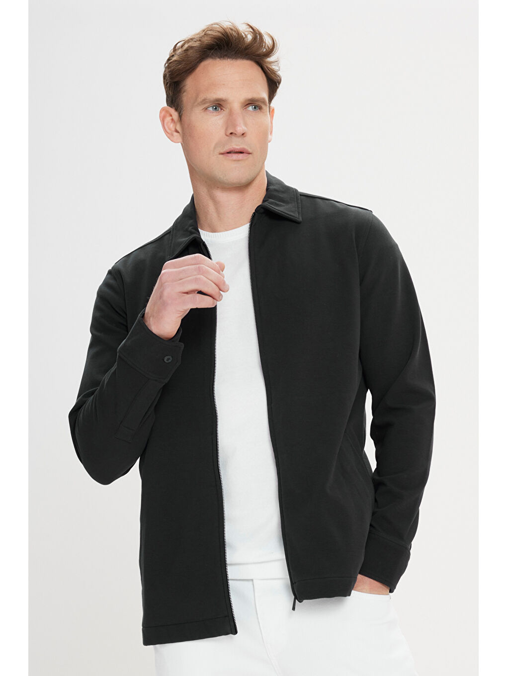 Erkek Siyah Standart Fit Normal Kesim Gömlek Yaka Pamuklu Esnek Mont-3