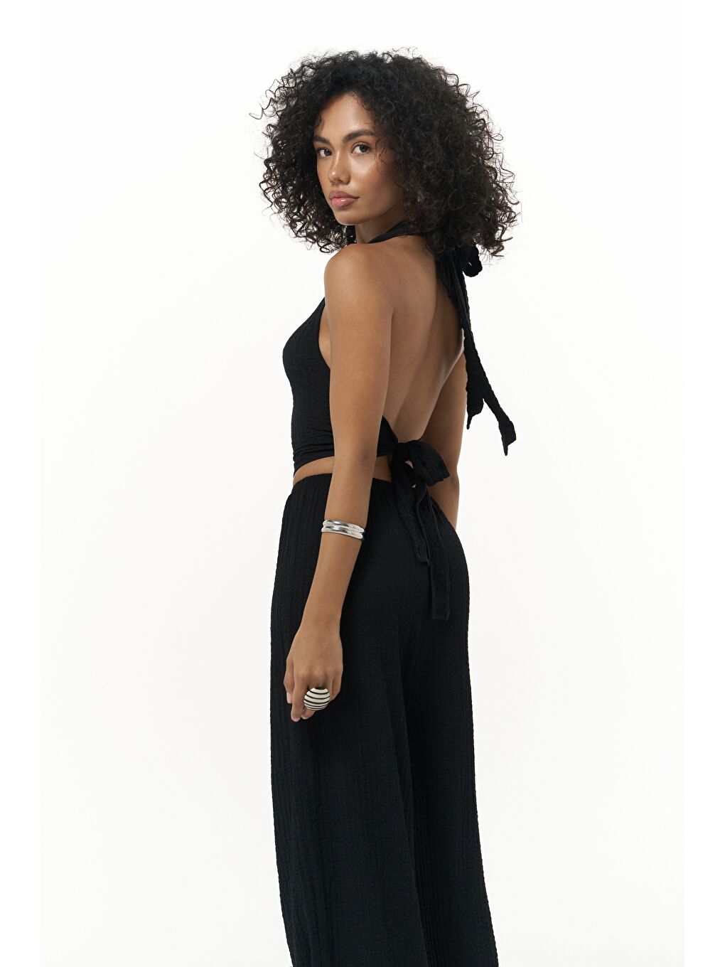 Ayshe Bağlamalı Siyah Crop Pantolon Takım-3