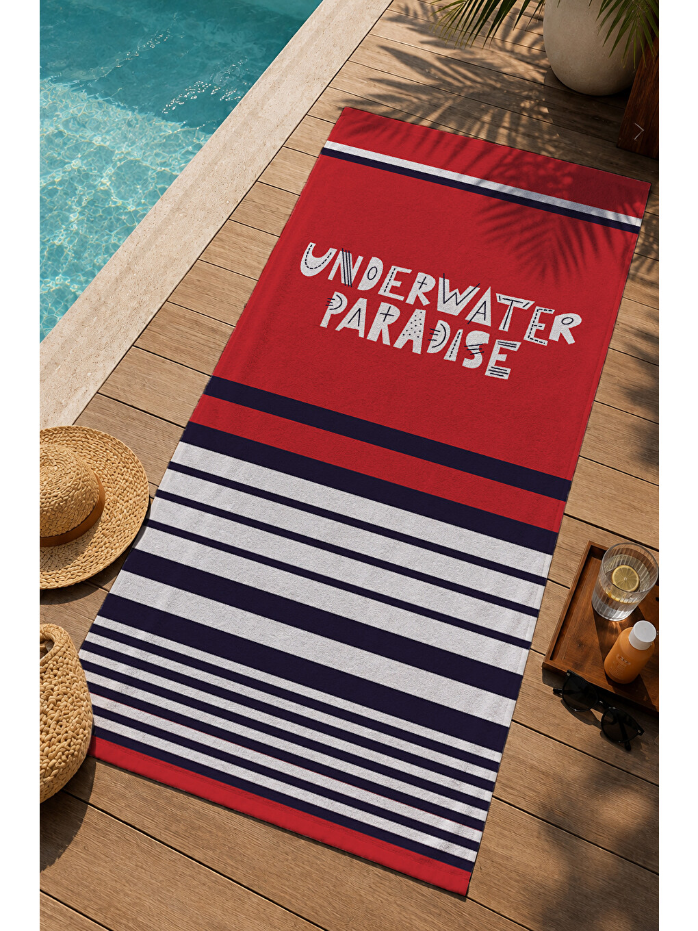 Kırmızı Lacivert Çizgili Underwater Paradise Yazılı 70x150 Cm Dijital Baskılı Plaj Ve Banyo Havlusu-2