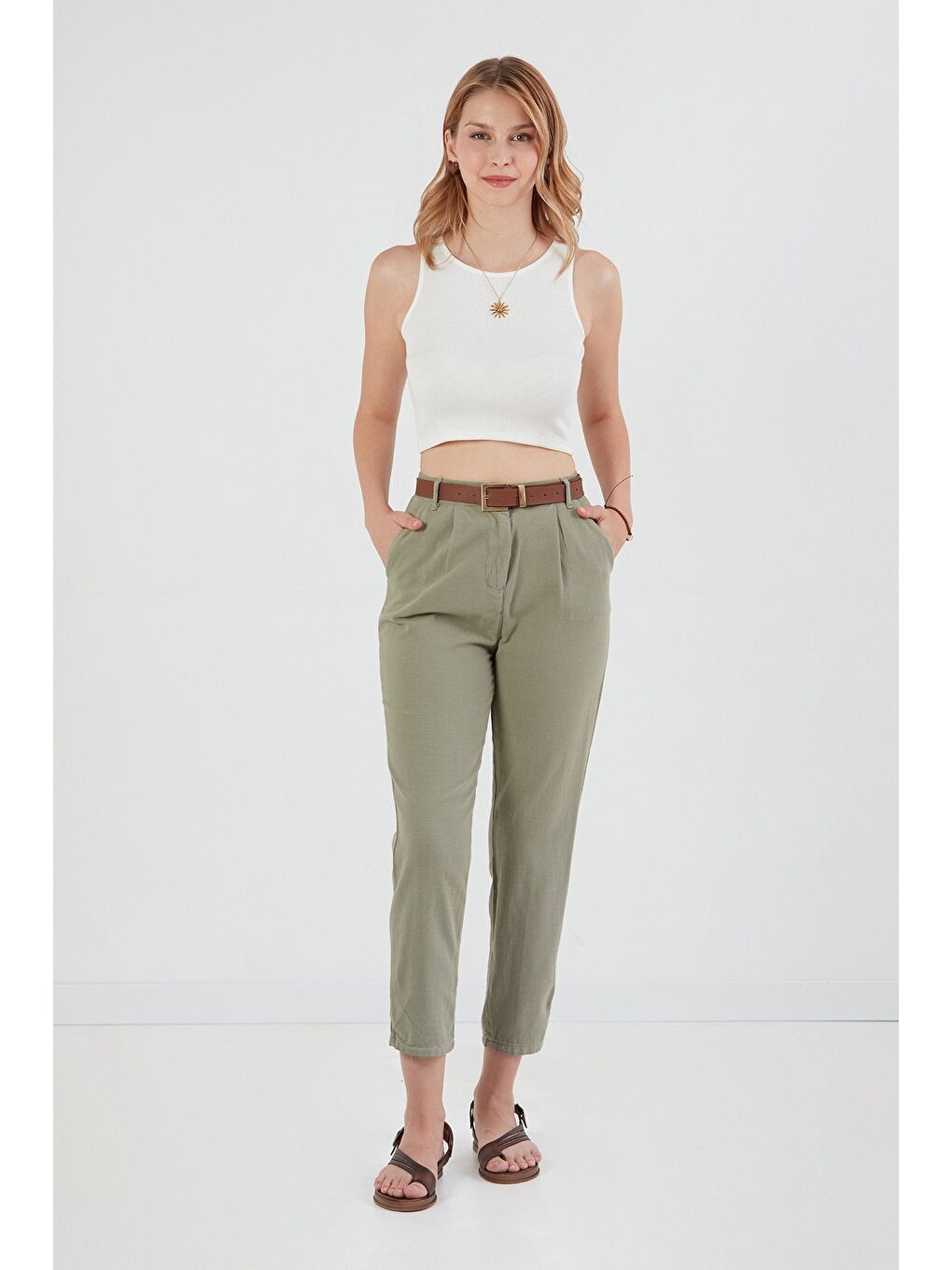 Haki Fermuarlı Cepli Keten Pantolon